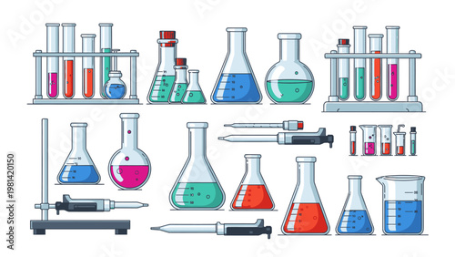 Colorful illustration of various laboratory equipment including beakers, flasks, test tubes, and pipettes on a clean white background.