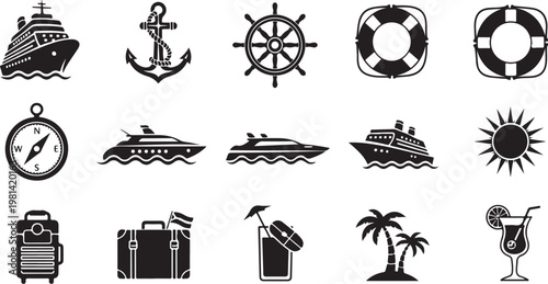 Black and white nautical travel icons on white background