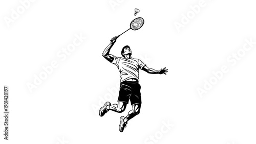 A male tennis player in mid-air hitting a ball with a racket in a dynamic motion on a white background.