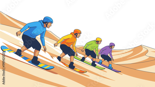 Illustration of four snowboarders in different colored outfits sliding down a sandy dune with a white background.