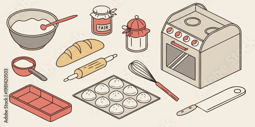Isometric illustration of baking ingredients and kitchen tools on a beige background