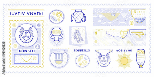 Collection of ancient artifacts and cultural symbols illustrated on postage stamps