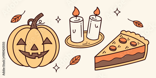 Autumnal illustration featuring a pumpkin candles and a slice of pumpkin pie