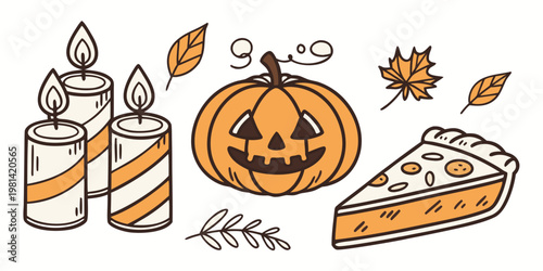 Autumnal still life featuring pumpkin candles and a slice of pie