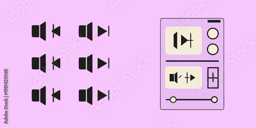 Minimalist illustration of audio controls and volume sliders on pink