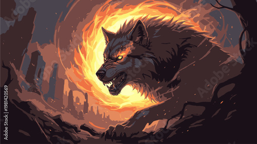Digital illustration of a snarling wolf's head surrounded by a fiery halo with a dark fantasy landscape in the background and cinematic lighting.