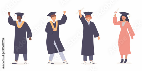 Four graduates celebrating their academic achievement with diplomas and caps