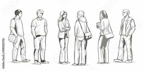 A group of six people standing and facing forward in a sketch style