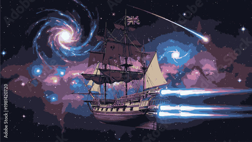 Illustration of a sailing ship in space with vibrant purple clouds, stars, and swirling galaxies in the background, emitting bright blue streaks of light.