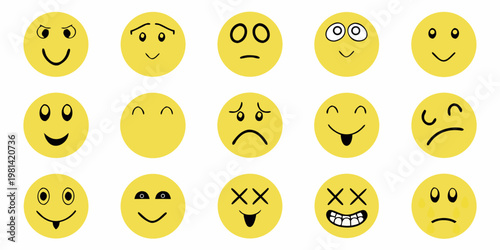 Collection of yellow emoticons displaying various human emotions and expressions