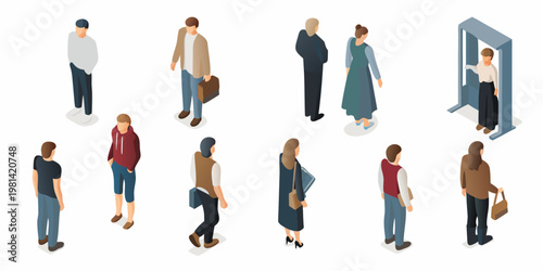 Isometric illustration depicting a diverse group of people in a queue