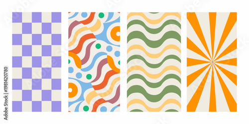 Four colorful vertically oriented abstract patterned rectangles displayed together