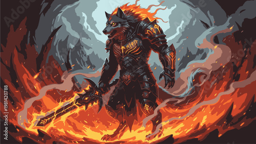 A muscular warrior in dark armor wielding a sword surrounded by vibrant flames and orange fire with a dramatic gray smoke background.