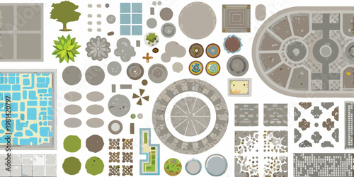 Collection of colorful flat vector game assets and building elements