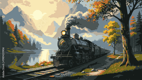 A vintage steam train traveling along a scenic lake shore track surrounded by autumn foliage and mountains under a cloudy sky.