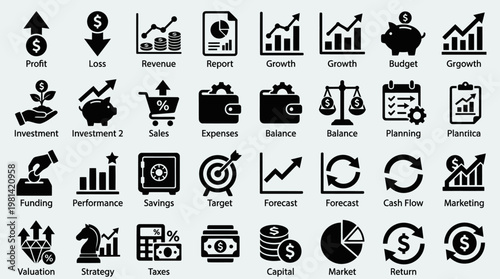 Corporate Finance Investment Strategy and Global Market Economy Icon Set