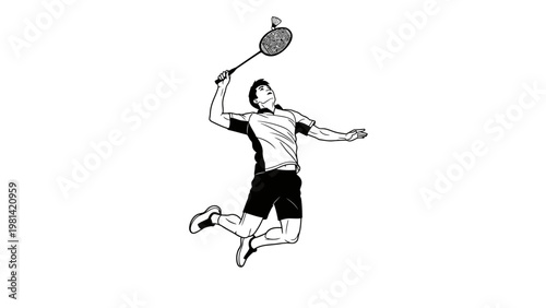 A male badminton player in mid-air, swinging a racket with motion lines on a white background, captured in a dynamic illustration.