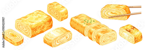 だし巻き卵のイラストセット｜玉子焼き・和食料理素材と箸