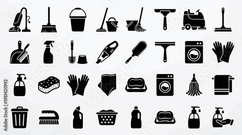 Housekeeping Cleaning Services Janitorial Equipment and Home Hygiene Icon Set