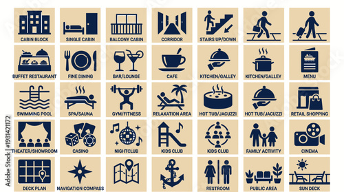 Luxury Cruise Ship Facilities Travel and Maritime Navigation Icon Set