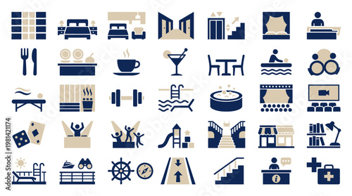 Comprehensive Hotel Resort Amenities and Hospitality Service Icon Collection