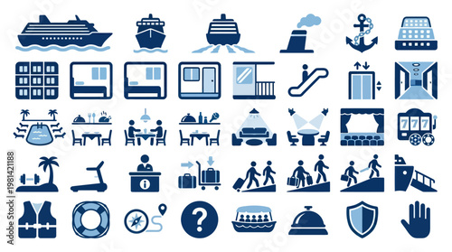 Maritime Travel Safety Equipment and Cruise Ship Service Icons