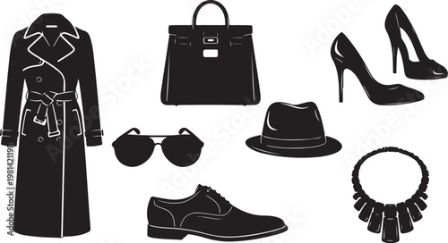 Fashion accessories and clothing in black and white colors