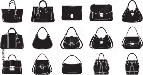 Collection of various black handbags and purses in simple style