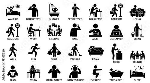 Daily Life Schedule Activities and Lifestyle Icons With Labels