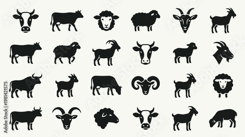 Livestock Animals Collection Silhouette Icons Cow Sheep and Goat Set