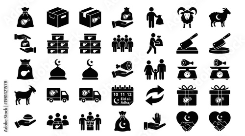 Eid Al Adha Sacrifice Meat Distribution and Charity Icon Set