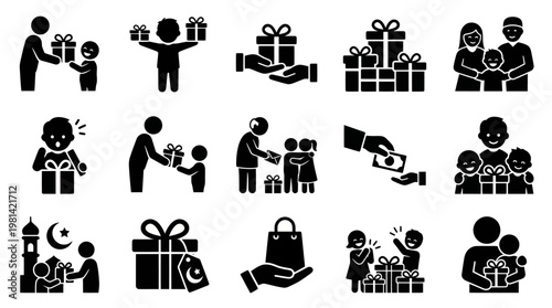 Giving and Receiving Gifts Celebration and Charity Icon Set Vector