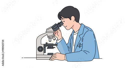 Man in lab coat using microscope.