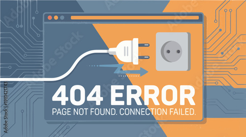 404 Error or Connection Failed Concept Illustration. A white power plug is disconnected from a grey wall socket, with a blue "disconnect" symbol indicating a lost connection or server error. 
