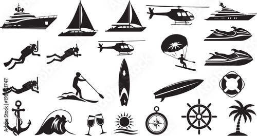Black and white nautical icons and summer vacation symbols