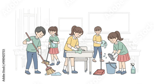 Children cleaning together as a team.