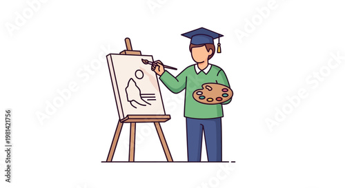 Young man painting on canvas board.