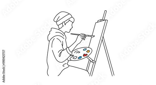 Artist painting on canvas with brush.