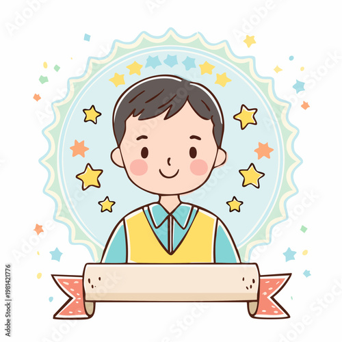 Happy boy with graduation cap and stars celebration vector illustration