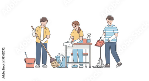 Three people cleaning with tools.