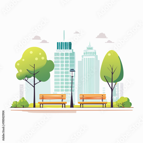 City park with benches and trees, urban oasis for relaxation and leisure