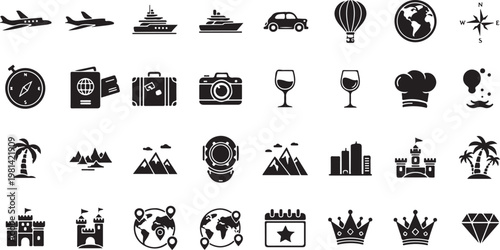 Travel and adventure icons in black and white style