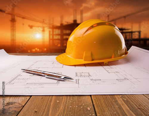 A bright yellow safety helmet sits on top of building blueprints during a golden sunset
