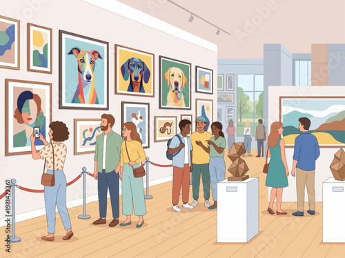 Art Gallery Visitors Flat Illustration – Modern Museum People Viewing Artwork Scene