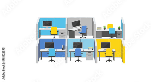 Modern Office Cubicle Workspace Illustration - Set of 6 Workstations with Computers, Desks, and Ergonomic Chairs for Corporate Business Interior Design