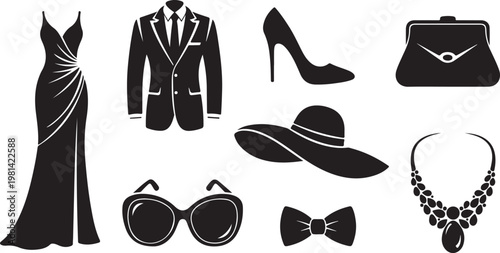 Fashion accessories and formal wear icons in black and white