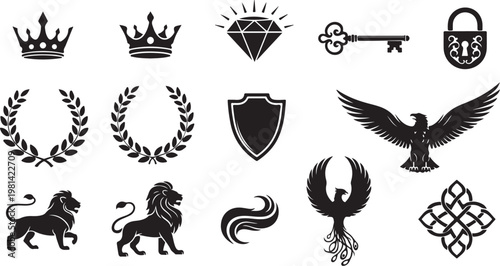 Collection of royal and symbolic icons and logos on white