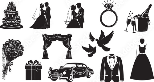 Wedding planning icons and symbols in black and white color