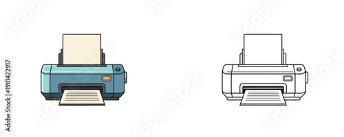 Office printer with paper in cartoon and line art style blue and beige colors representing document printing and professional equipment for business workflow on white background