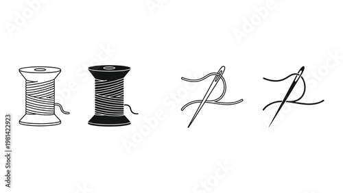 Sewing Spool Needle Thread Icon Set Crafting